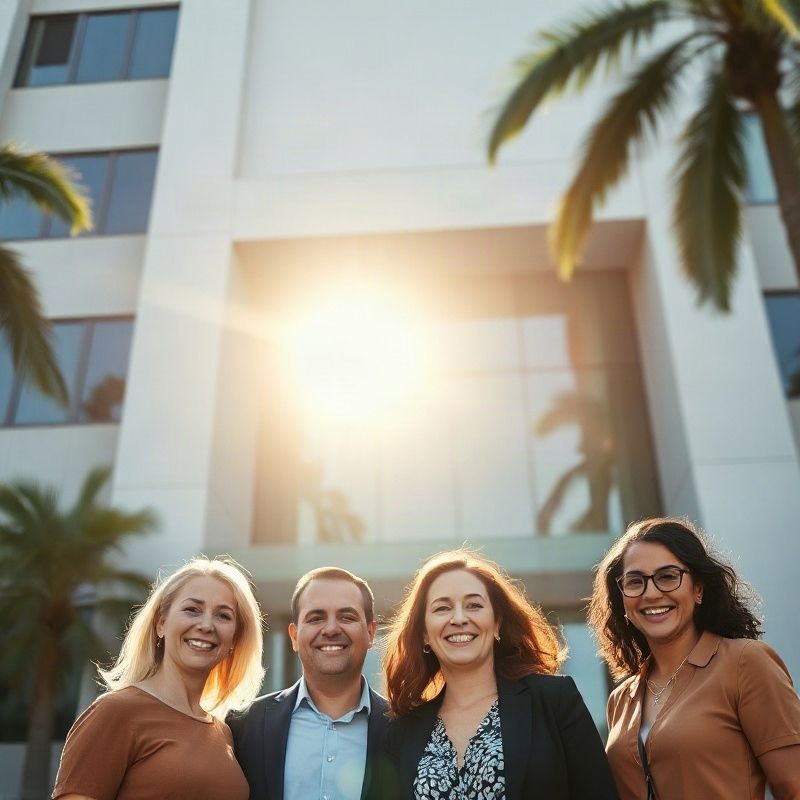 Equipe da Novacorbit em frente a fachada modernista em Belo Horizonte