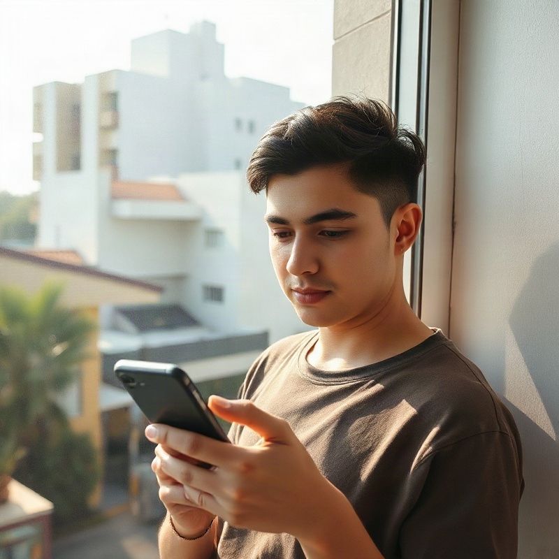 Pessoa consultando o celular junto à janela em Belo Horizonte